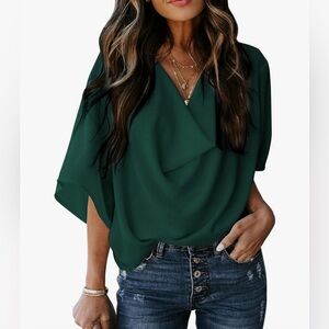 Emerald Green Asymmetrical 3/4 Sleeve Blouse